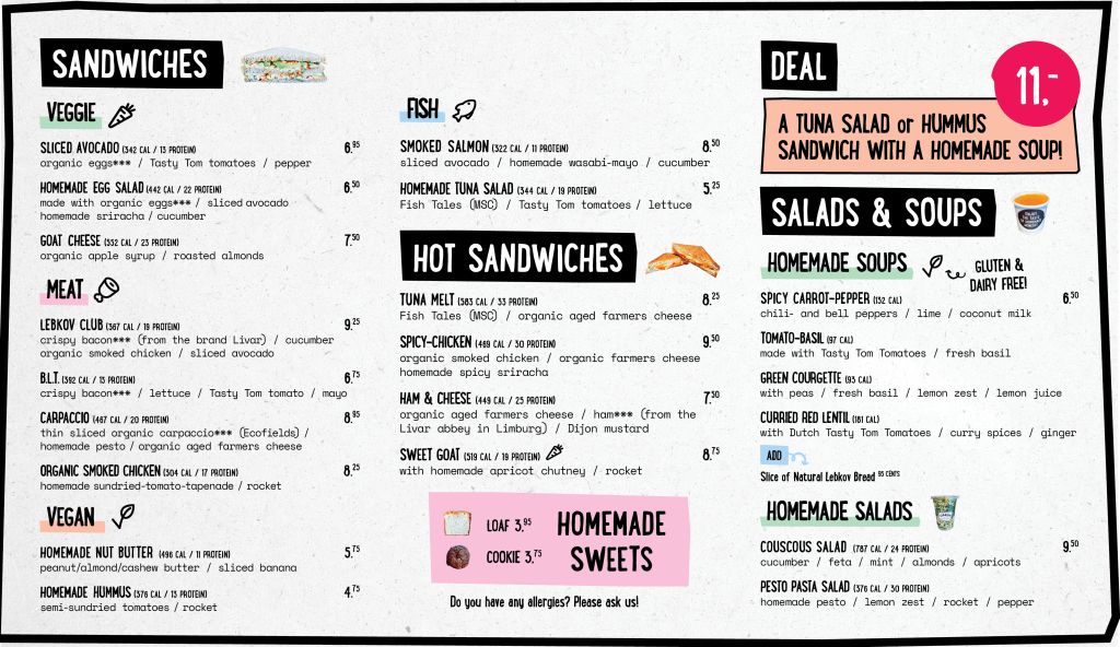 Lebkov lunch and afternoon food menu. Soups. Sandwiches. Salads. Lunch.